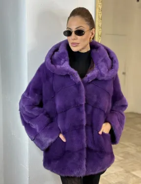 Паркет шуба с капюшоном - фиолетовый цвет