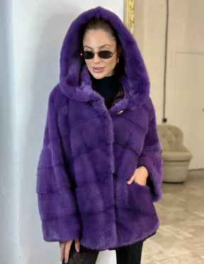 Паркет шуба с капюшоном - фиолетовый цвет