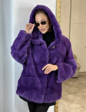 Паркет шуба с капюшоном - фиолетовый цвет