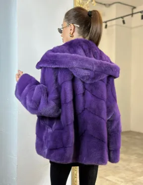 Паркет шуба с капюшоном - фиолетовый цвет