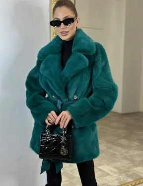 Жакет из меха норки английский воротник - морской изумруд
