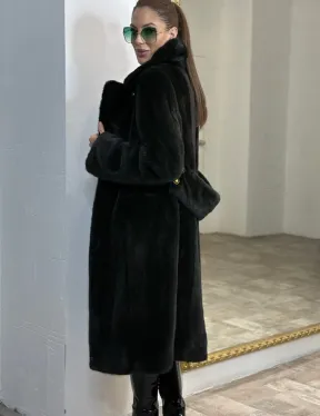 Элегантное пальто из плюшевой норки VELVET - цвет черно-зеленый