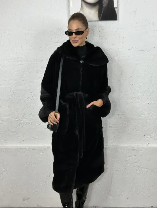 Черная шуба из импортной норки с капюшоном