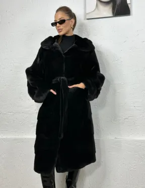 Черная шуба из импортной норки с капюшоном
