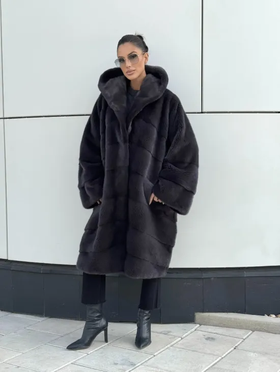 Норковая шуба паркет с капюшоном - цвет блю ирис