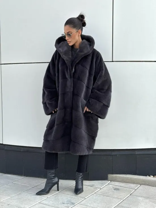 Норковая шуба паркет с капюшоном - цвет блю ирис