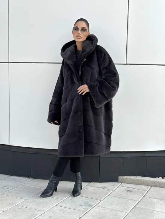 Норковая шуба паркет с капюшоном - цвет блю ирис