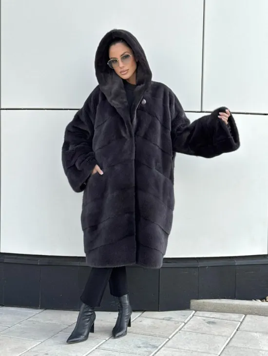 Норковая шуба паркет с капюшоном - цвет блю ирис