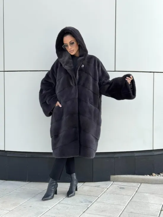 Норковая шуба паркет с капюшоном - цвет блю ирис