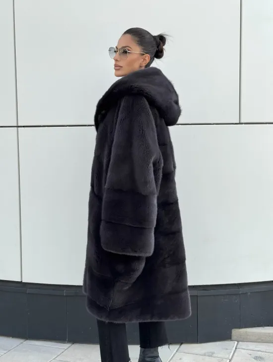 Норковая шуба паркет с капюшоном - цвет блю ирис