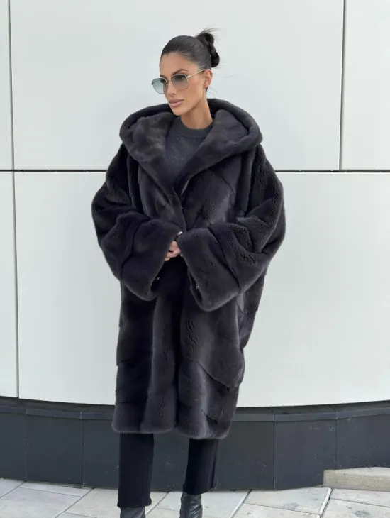 Норковая шуба паркет с капюшоном - цвет блю ирис