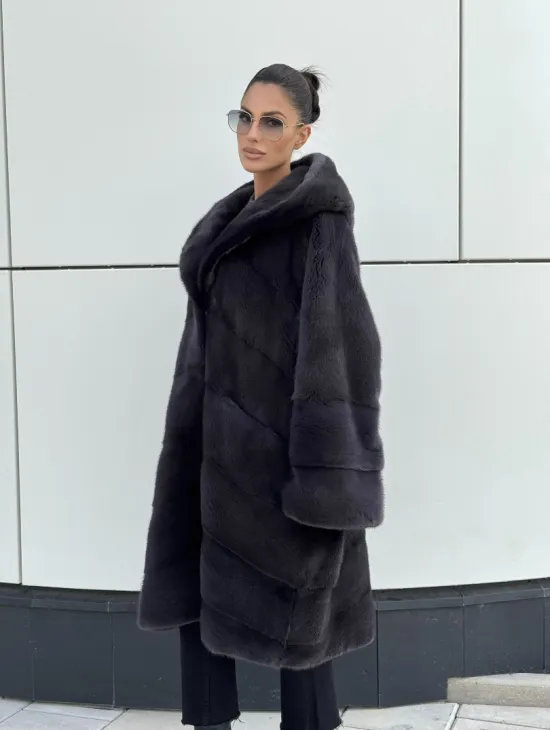 Норковая шуба паркет с капюшоном - цвет блю ирис