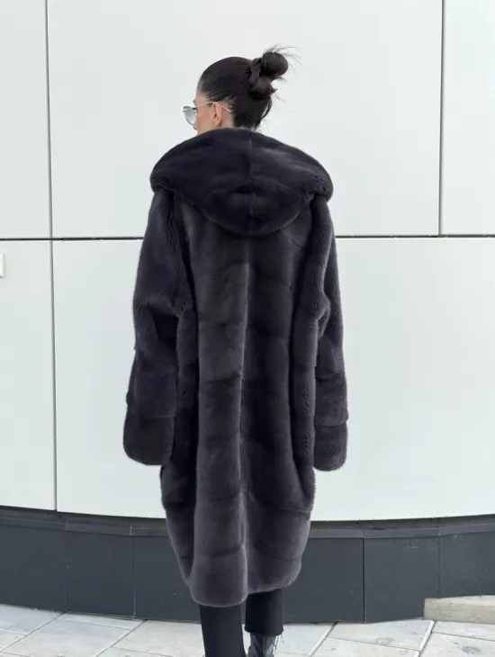 Норковая шуба паркет с капюшоном - цвет блю ирис