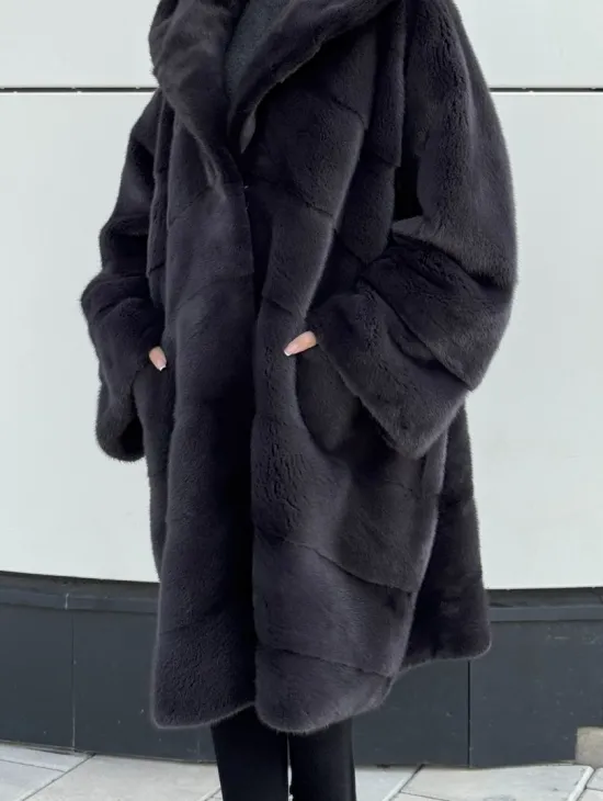 Норковая шуба паркет с капюшоном - цвет блю ирис