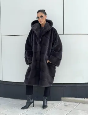 Норковая шуба паркет с капюшоном - цвет блю ирис