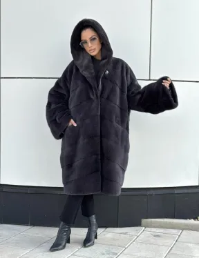 Норковая шуба паркет с капюшоном - цвет блю ирис