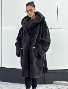 Норковая шуба паркет с капюшоном - цвет блю ирис