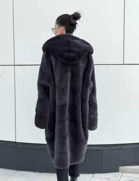 Норковая шуба паркет с капюшоном - цвет блю ирис