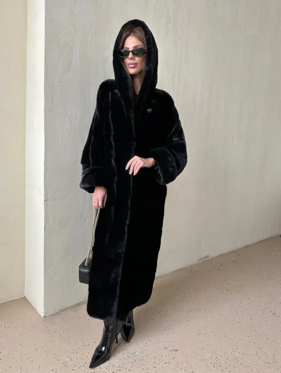 Шуба из аукционной норки VELVET, паркет с капюшоном