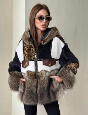 Комбинированная норковая куртка с капюшоном