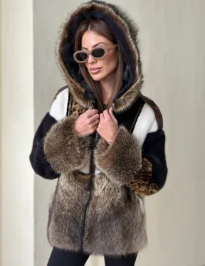 Комбинированная норковая куртка с капюшоном