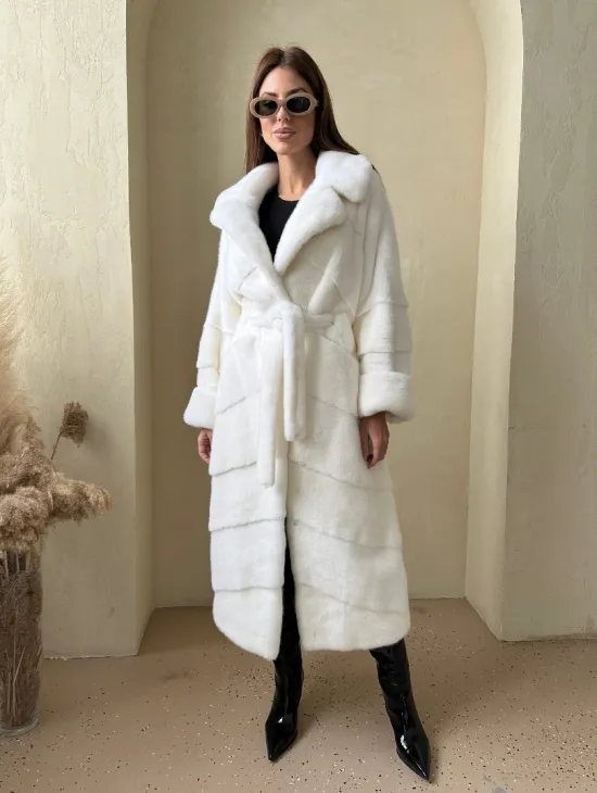 Норка NAFA люкс кимоно паркет английский воротник под пояс - цвет белый