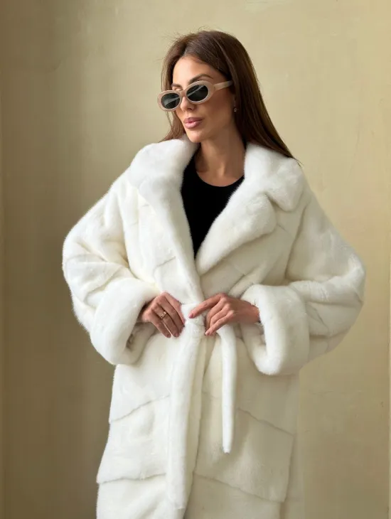 Норка NAFA люкс кимоно паркет английский воротник под пояс - цвет белый
