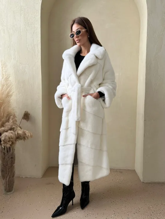 Норка NAFA люкс кимоно паркет английский воротник под пояс - цвет белый