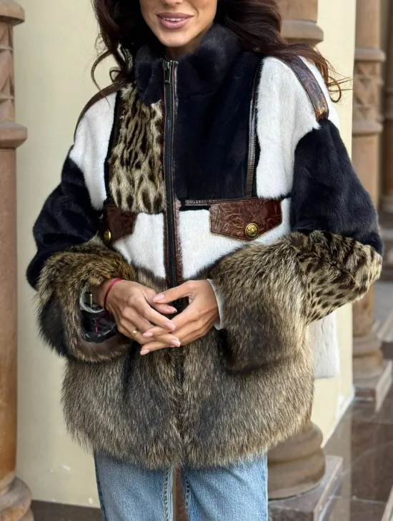 Комбинированная курточка из меха норки и енота - цвет графит