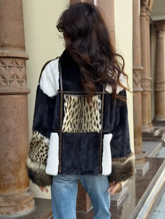 Комбинированная курточка из меха норки и енота - цвет графит