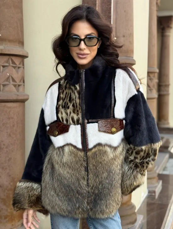 Комбинированная курточка из меха норки и енота - цвет графит