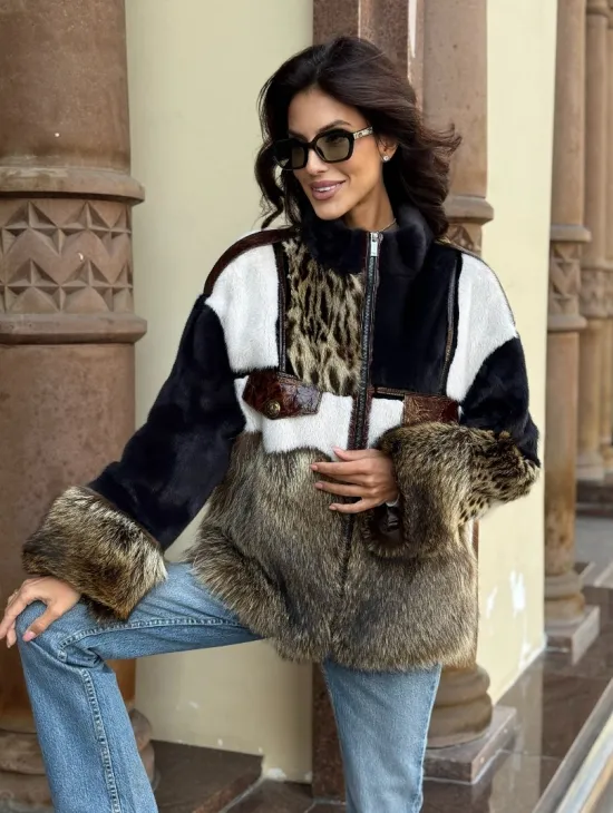 Комбинированная курточка из меха норки и енота - цвет графит