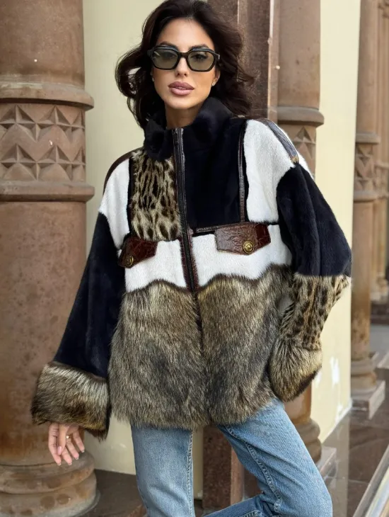 Комбинированная курточка из меха норки и енота - цвет графит