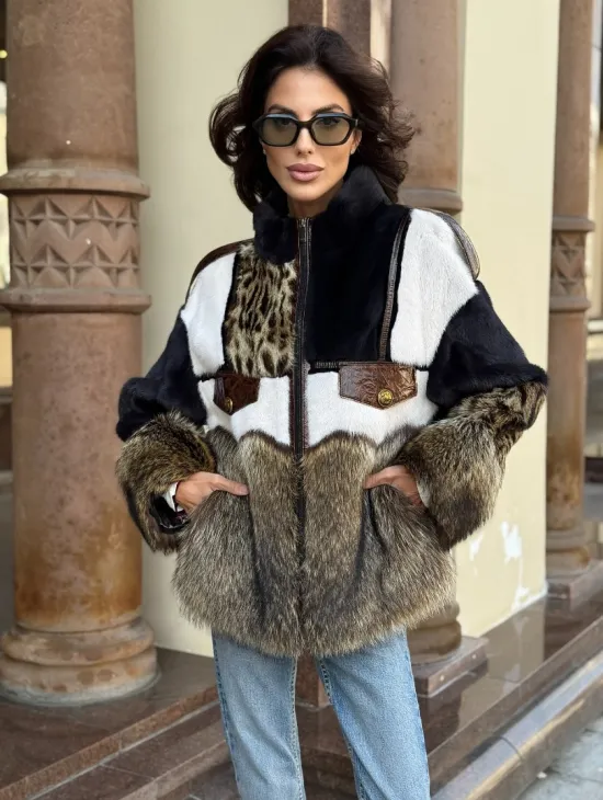 Комбинированная курточка из меха норки и енота - цвет графит