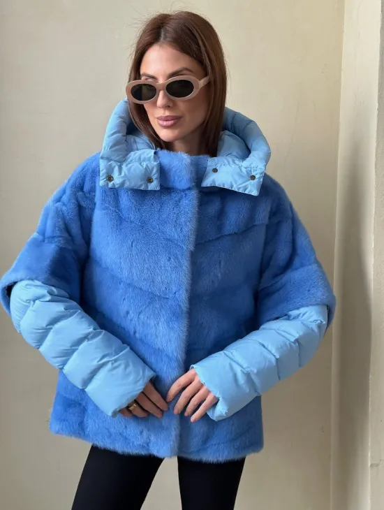 Норковый пуховик/жилет 2в1 - цвет голубой