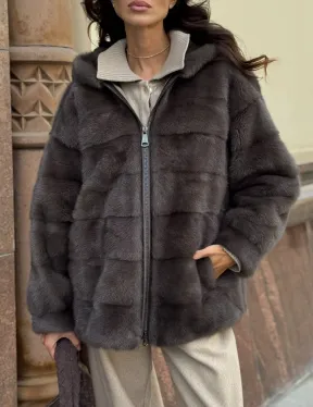 Бомбер из меха норки с капюшоном - цвет мокко