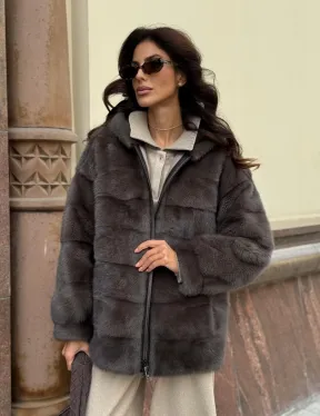 Бомбер из меха норки с капюшоном - цвет мокко