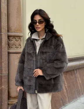 Бомбер из меха норки с капюшоном - цвет мокко