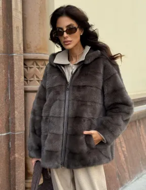 Бомбер из меха норки с капюшоном - цвет мокко