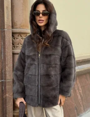 Бомбер из меха норки с капюшоном - цвет мокко