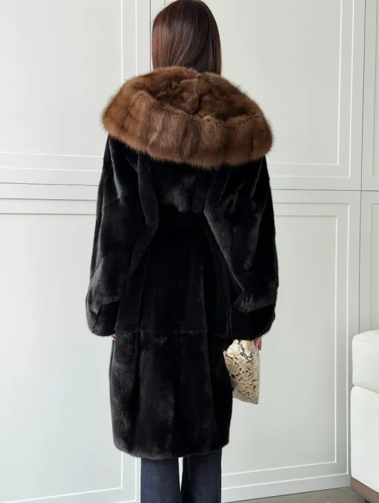 Норковая шуба фасон баллон с капюшоном куница