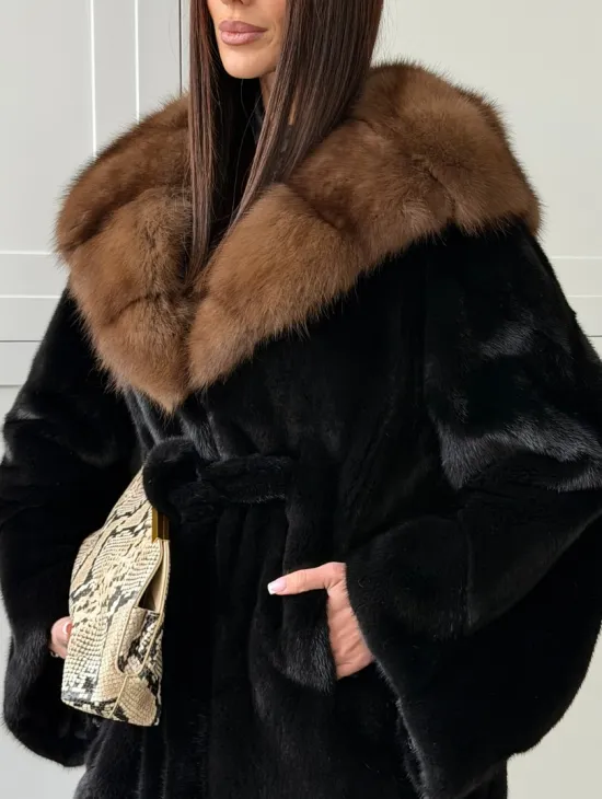 Норковая шуба фасон баллон с капюшоном куница