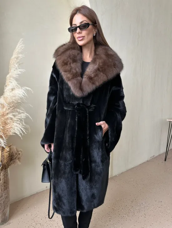 Норка BLACKGLAMA кимоно с капюшоном куница