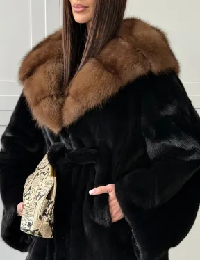Норковая шуба фасон баллон с капюшоном куница