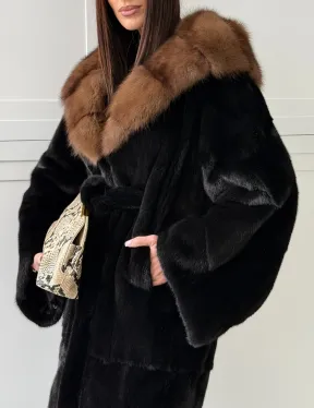 Норковая шуба фасон баллон с капюшоном куница