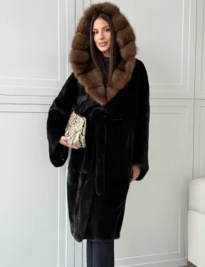 Норковая шуба фасон баллон с капюшоном куница
