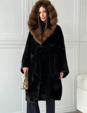 Норковая шуба фасон баллон с капюшоном куница