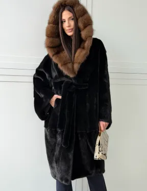 Норковая шуба фасон баллон с капюшоном куница