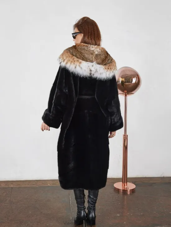 Норковая шуба с капюшоном из рыси цвет черный бриллиант