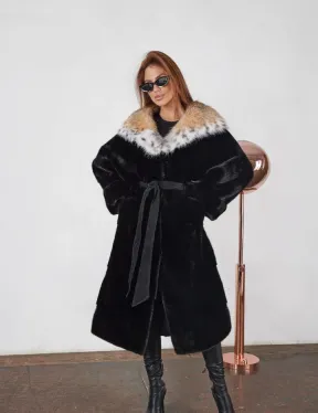 Норковая шуба с капюшоном из рыси цвет черный бриллиант